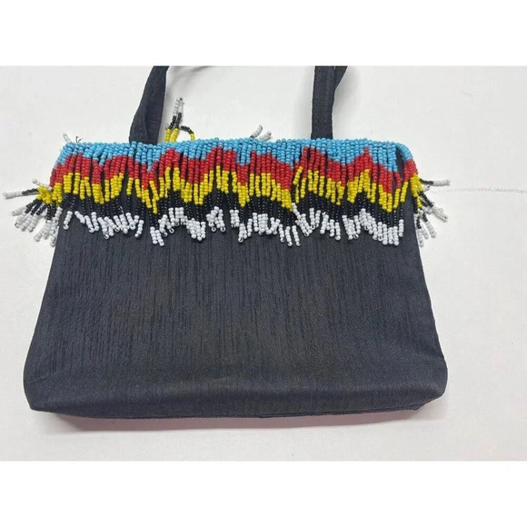 Vanessa Womens Black Fabric Purse With Bright Colored Beaded Fringe Around Rim - Picture 3 of 5
